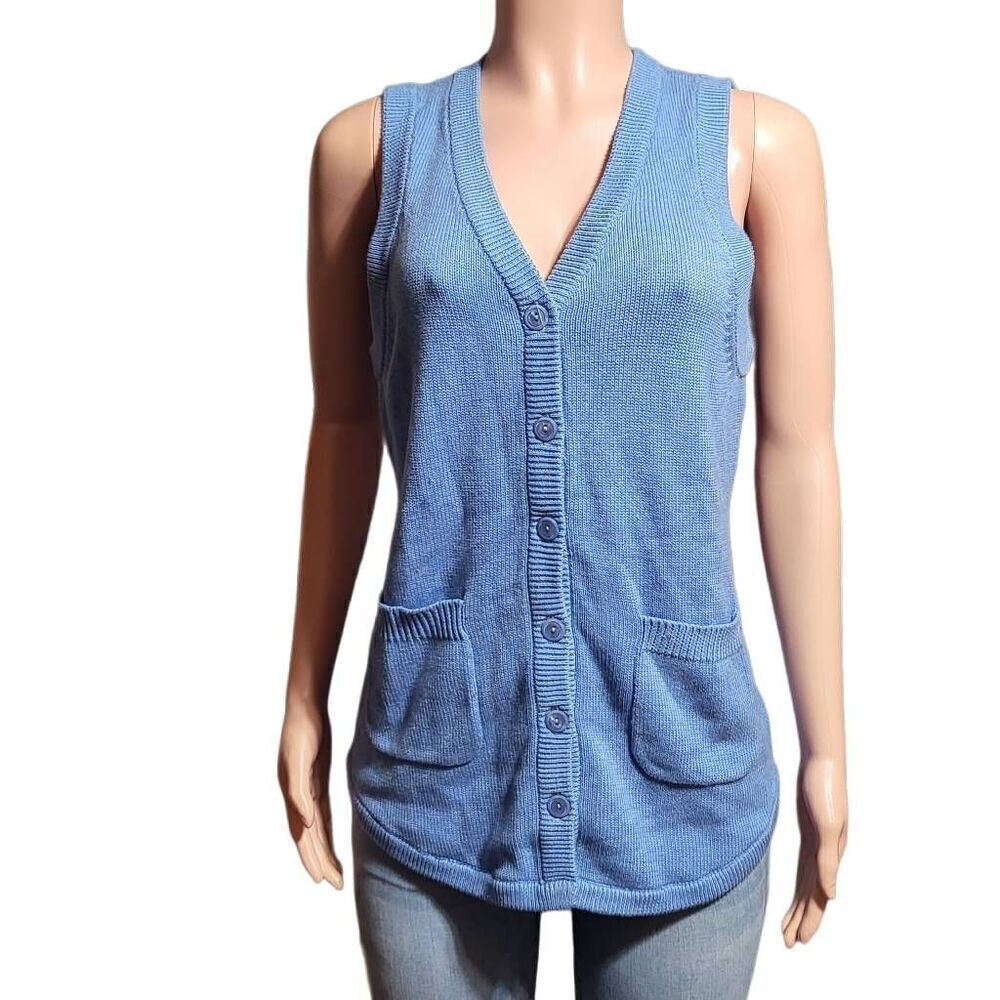 Women blue sleeveless button up Shirt tail vest M